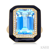 14x10 MM Emerald Cut Blue Topaz and 1/5 Ctw Round Cut Diamond Halo & Black Enamel Border Semi-Precious Ring in 14K Yellow Gold